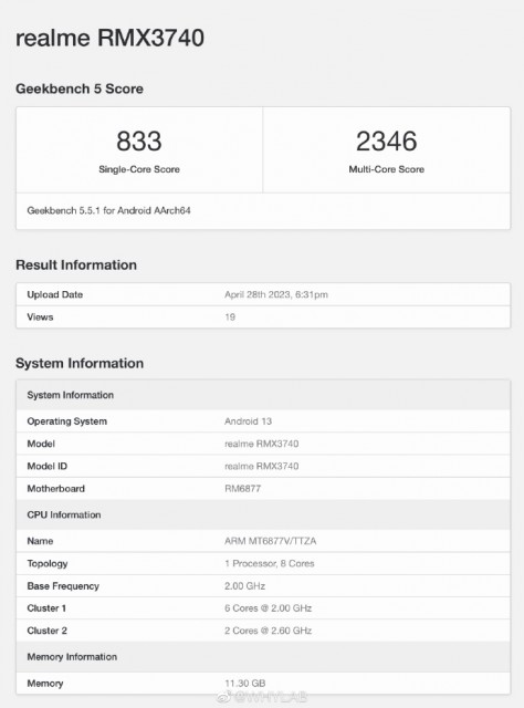 真我11 Pro+ Geekbench 5跑分出炉：首发联发科天玑7050移动平台 第1张