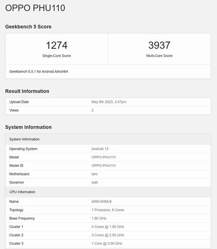 OPPO Reno 10 Pro+现身Geekbench：搭载高通骁龙8 Gen1芯片 第1张