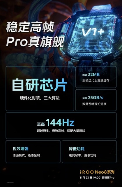 iQOO Neo8将全系标配自研V1+芯片：主打视效增强降低发力功耗 第1张