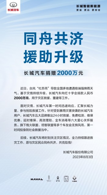 长城汽车宣布捐款2000万元：用于京津冀地区暴雨救灾重建工作 第1张