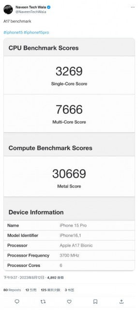 苹果A17 Geekbench 6跑分曝光：单核得分提升31% 第1张